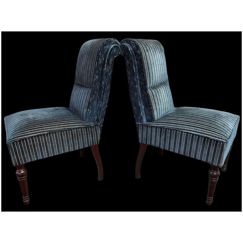 Pair of blue striped velvet lacrosse chairs 4