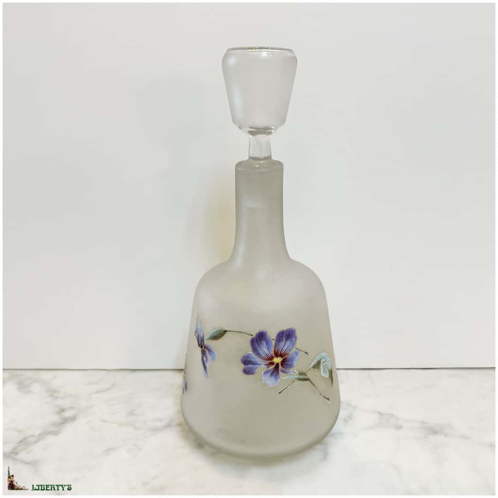 Carafe en verre givré émaillé avec pensées, haut. 24 cm, (Deb. XXe) 3