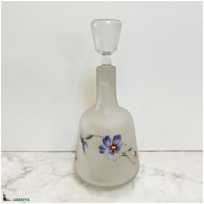 Enamelled frosted glass carafe with pansies, high. 24 cm, (Deb. XXth)