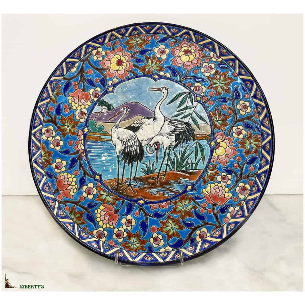 Dish with Emaux de Longwy cartel, decor of herons, diam. 31 cm, (1920-1930) 3