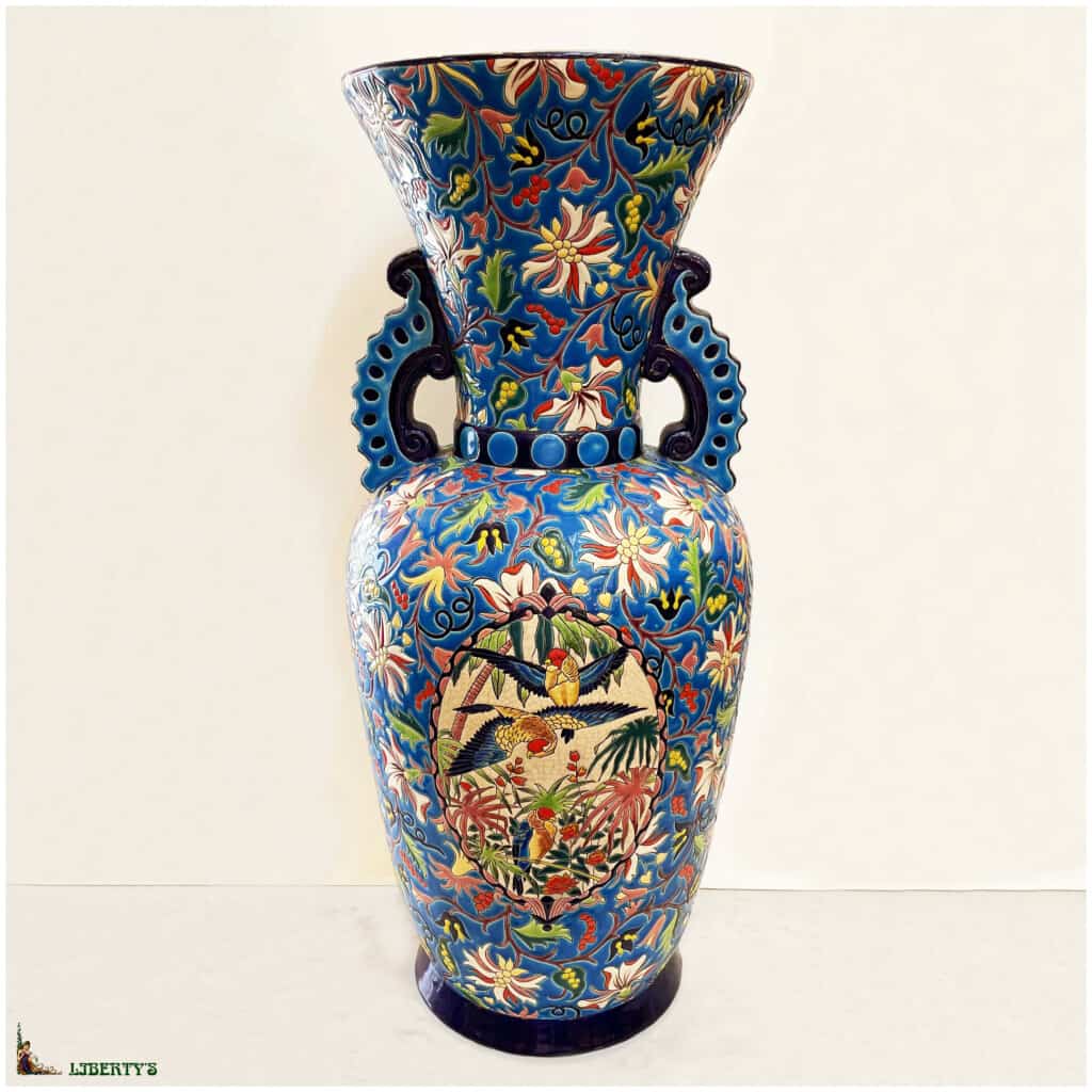 Large vase with Emaux de Longwy “peroquets” cartel, high. 69 cm (1960-1970) 3