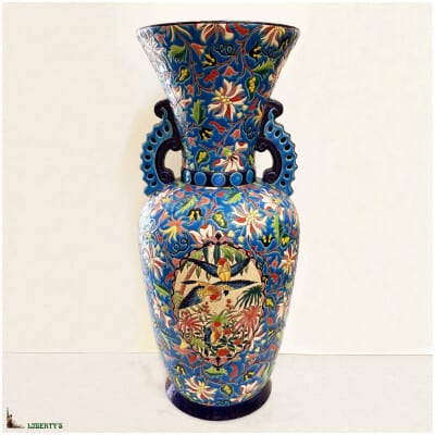 Grand vase avec cartel « peroquets » Emaux de Longwy, haut. 69 cm (1960-1970)