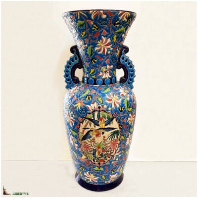 Large vase with Emaux de Longwy “peroquets” cartel, high. 69 cm (1960-1970)