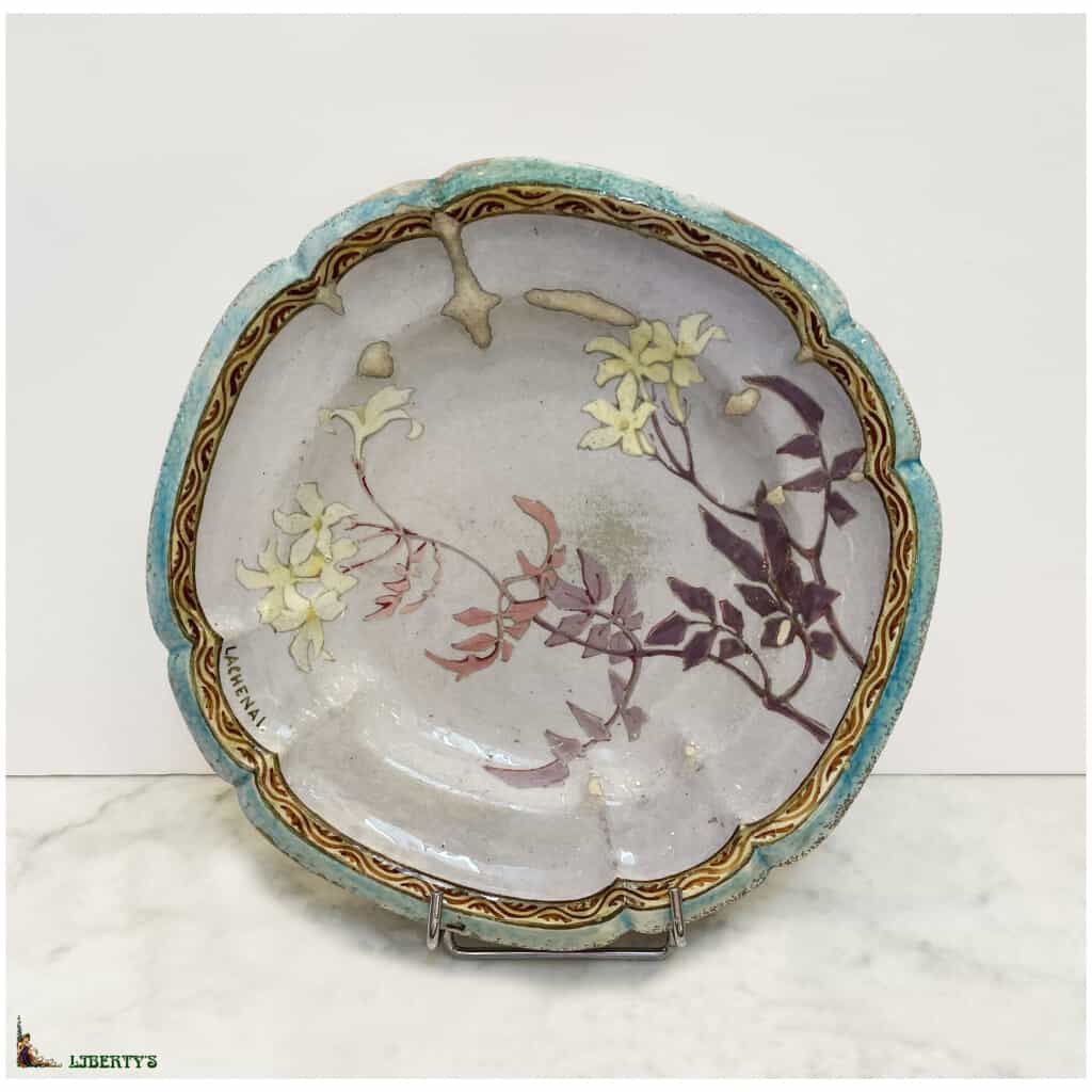 Enamel plate with flowers by E. Lachenal, diam. 25.5cm, (End XIXe) 3