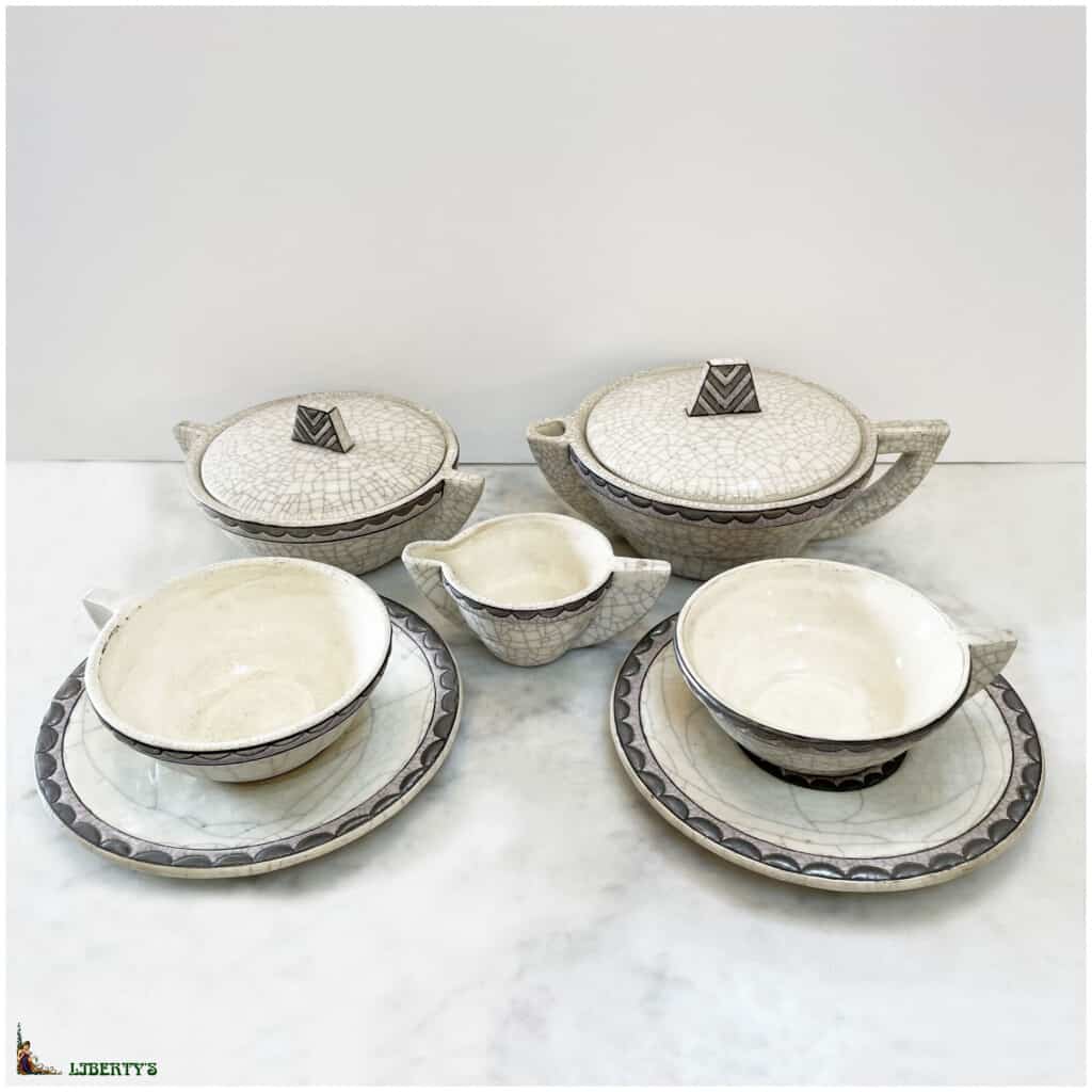 Emaux de Longwy Art-Deco tête-à-tête tea service, with Teapot + Sugar bowl + Creamer + 2 Cups + 2 saucers (1910-1920) 3