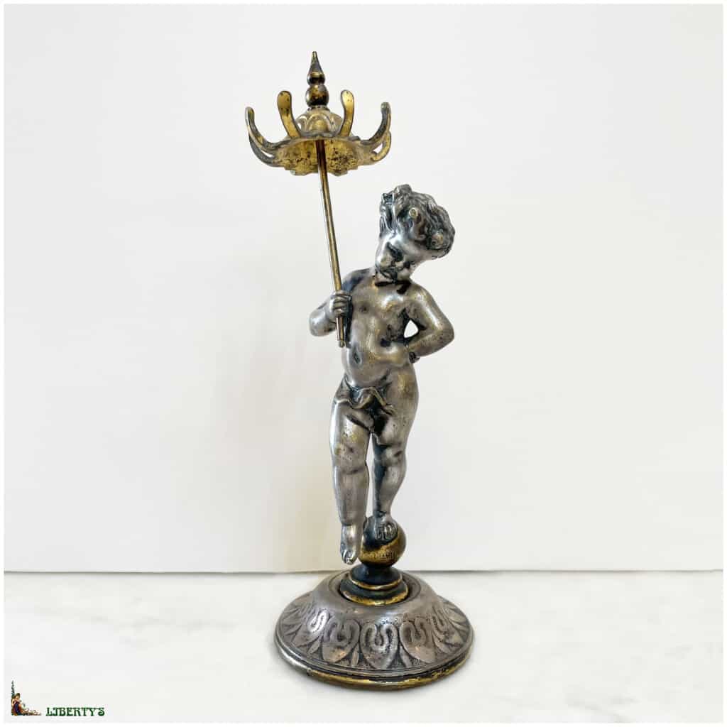 Subject silvered bronze cherub with watch holder umbrella, signed L.Kley, top. 16.5cm (End XIXe) 3