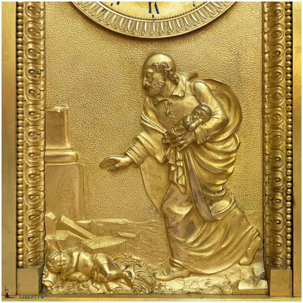 Pendule borne bronze doré au mercure, sujet « Saint Vincent de Paul », mouvement avec suspension à fil de soie, haut. 41 cm (Deb. XIXe) 4