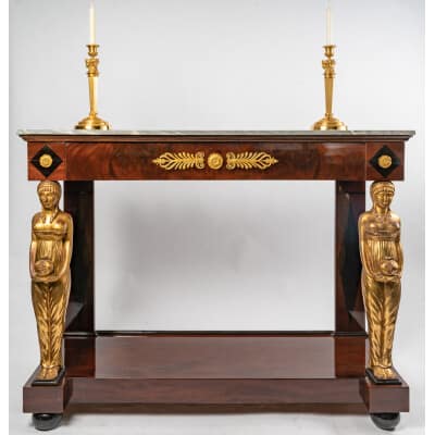 Epoque Empire Rare console en acajou à décor de Vestales en bois doré Rome vers 1810