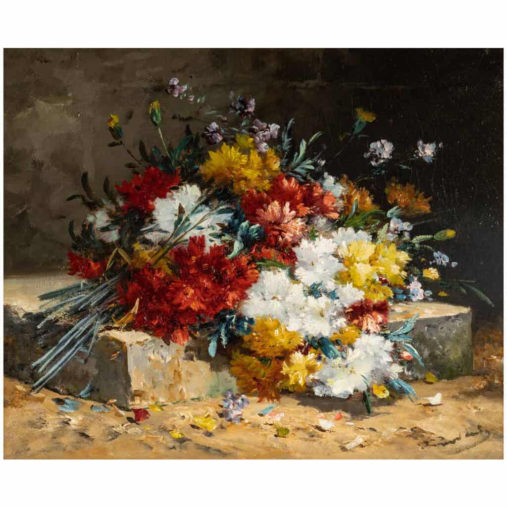 Henri Cauchois (1850 – 1911) : Bouquet d’oeillets sur un entablement. 4