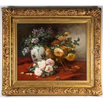 Henri Cauchois (1850 - 1911): Still life with bouquets of roses.