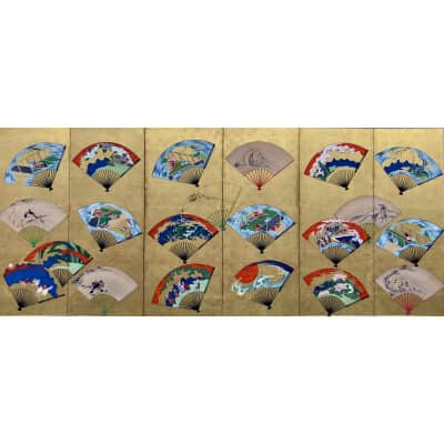 Japanese screen with 6 panels on gold leaf and fans