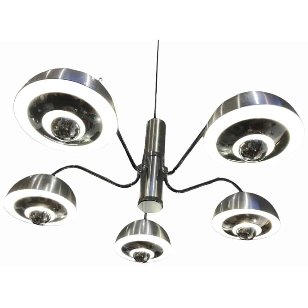 CHANDELIER 1970s in matt and shiny chrome 5 lights 5