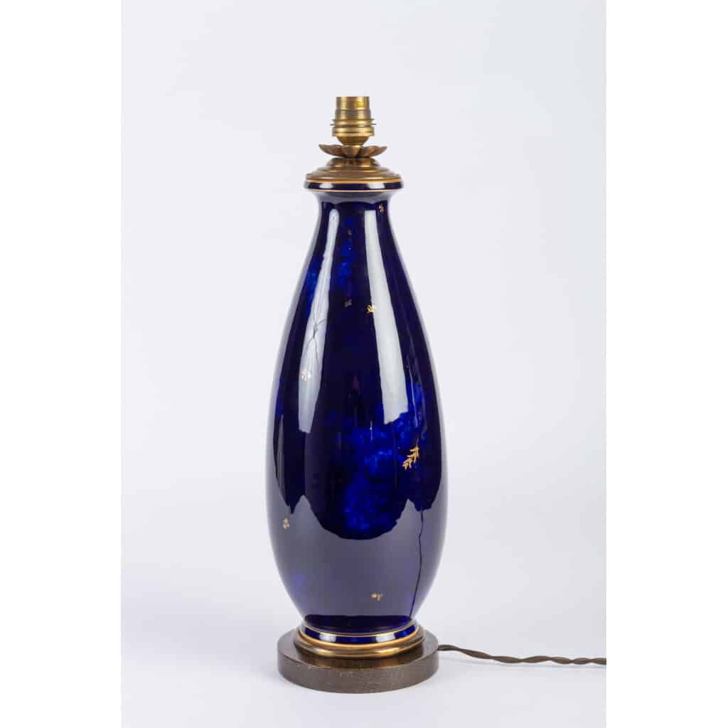 Lampe Sèvres 1920 ( bleu marbré + fleurettes or ) 3