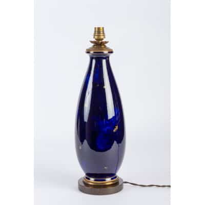 Lampe Sèvres 1920 ( bleu marbré + fleurettes or )