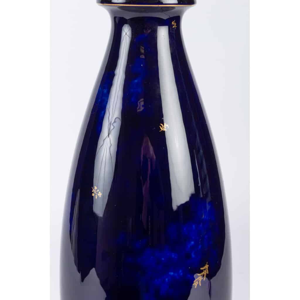 Lampe Sèvres 1920 ( bleu marbré + fleurettes or ) 7