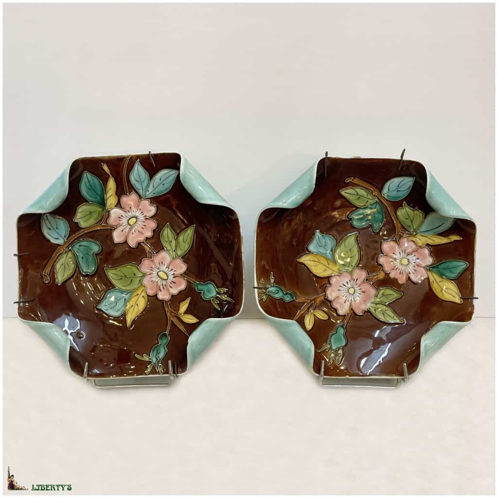 Pair of slip plates with flowers, 21 cm x 21 cm, (Fin XIXe) 3