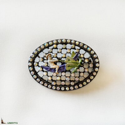 Silver oval brooch with enamelled angels and Pierre-Bex rhinestones, width 6 cm, (1970-1980)