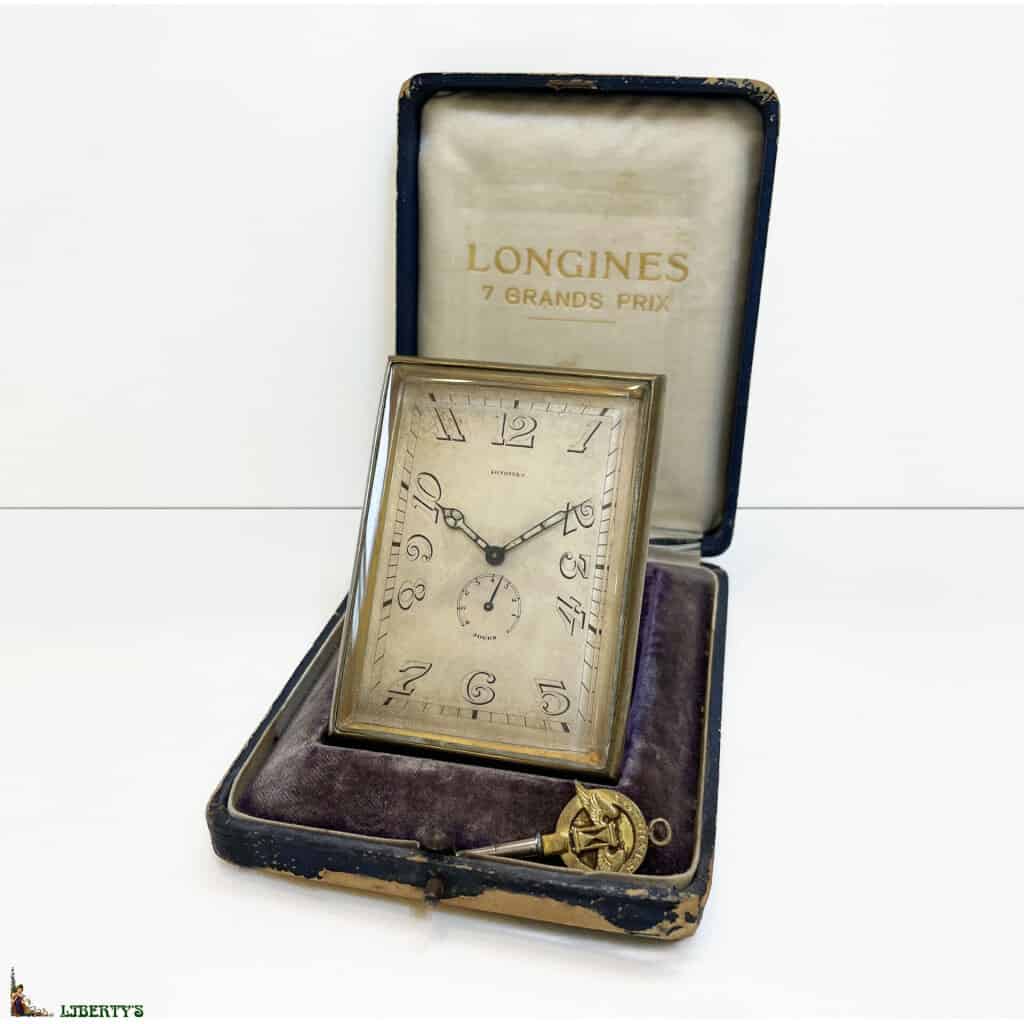 Pendulette de voyage Art-Deco Longines avec mouvement 8 jours et réserve de marche avec sa clé et sa boîte, 8.5 cm x 6 cm, (Deb XXe) 3