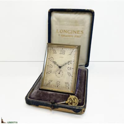 Longines Art-Deco travel clock with 8-day movement and power reserve with key and box, 8.5 cm x 6 cm, (Deb XXth)