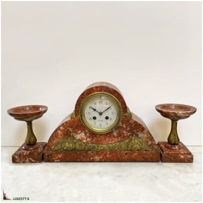 Art-Deco marble and bronze clock with pair of cassolettes, width. 35.5 cm, (1920-1930)