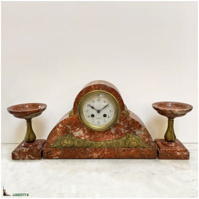 Art-Deco marble and bronze clock with pair of cassolettes, width. 35.5 cm, (1920-1930) 3