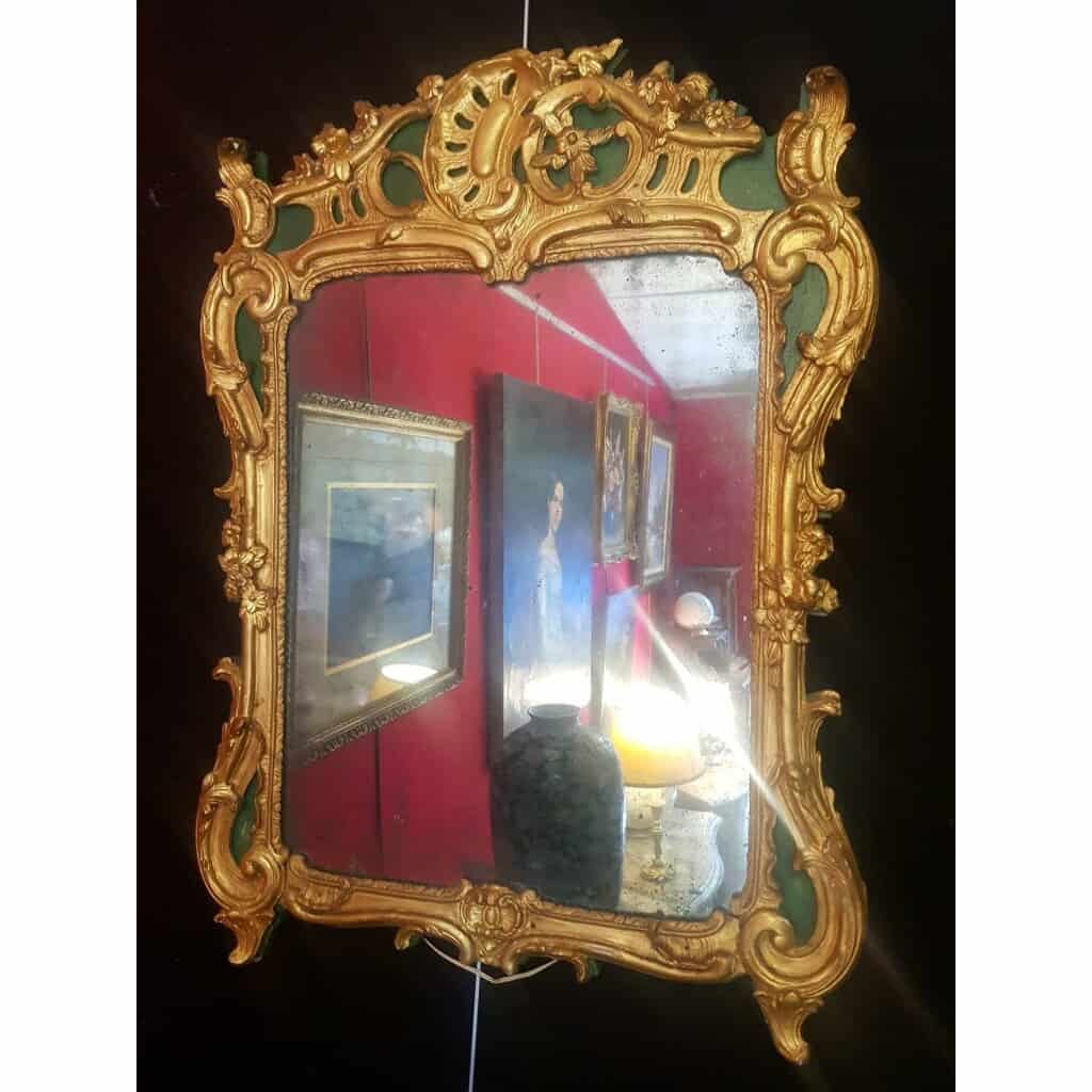 Miroir Époque Louis XV À Décor Rocaille – Bois Doré Laqué Vert – 18ème 3