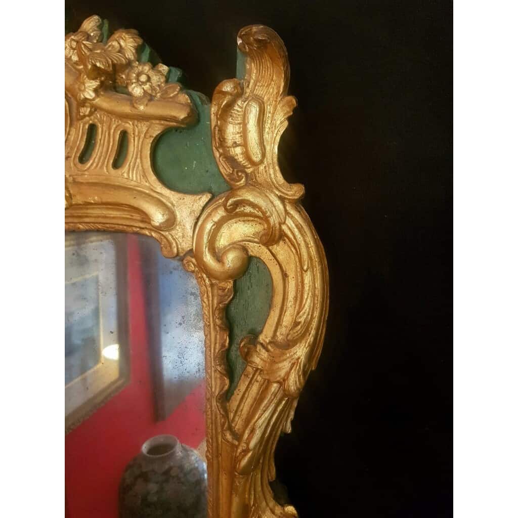 Miroir Époque Louis XV À Décor Rocaille – Bois Doré Laqué Vert – 18ème 9
