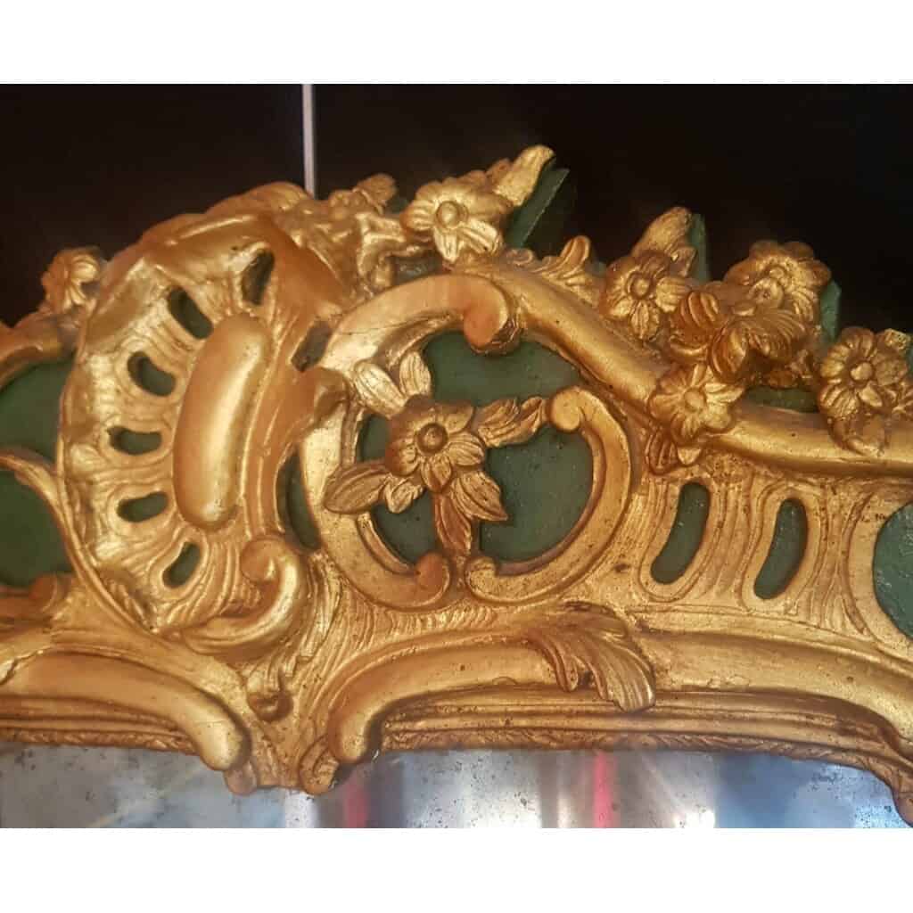 Miroir Époque Louis XV À Décor Rocaille – Bois Doré Laqué Vert – 18ème 10