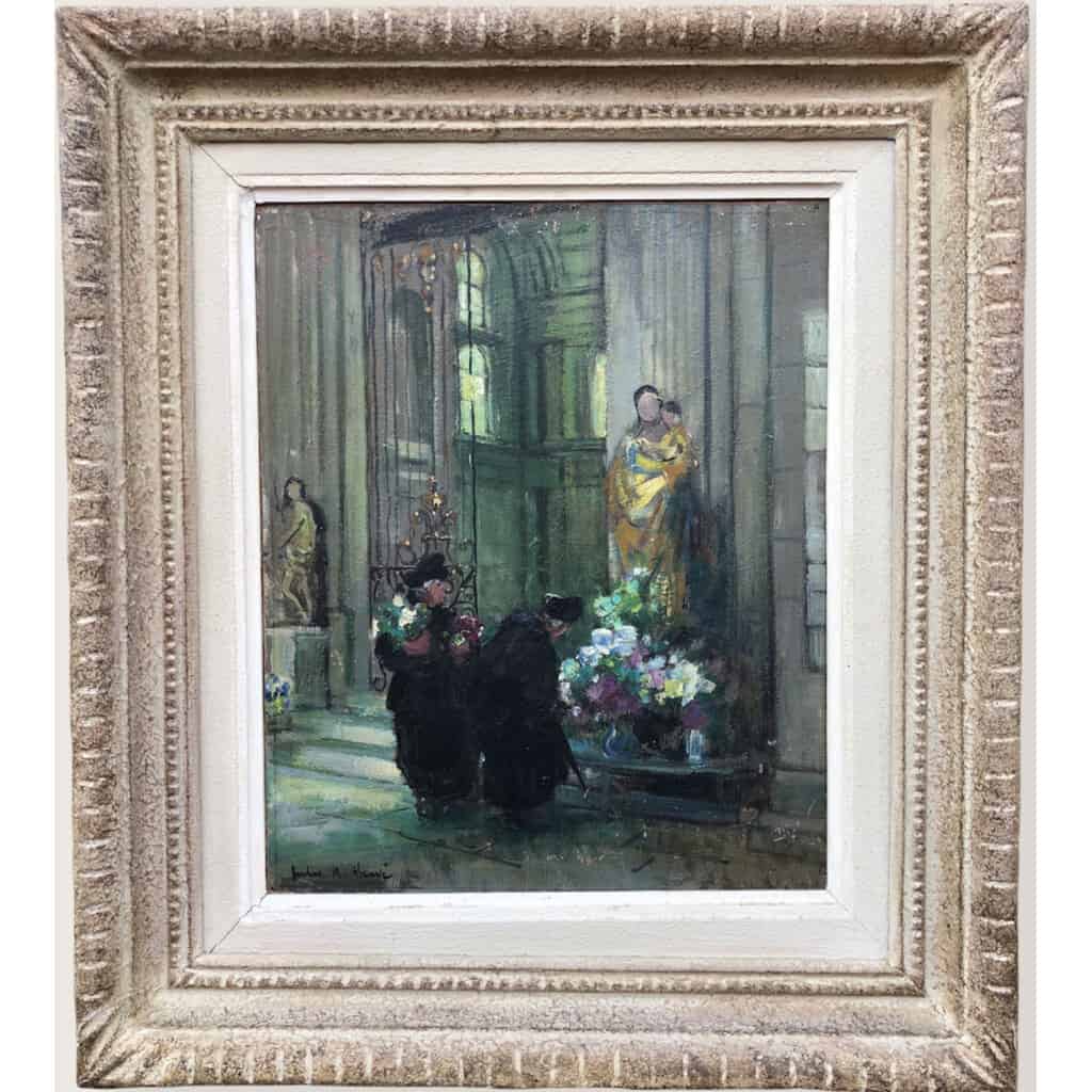 HERVE Jules René Tableau Impressionniste XXè Les bigotes à l’église à Langres Huile sur panneau Signée 3