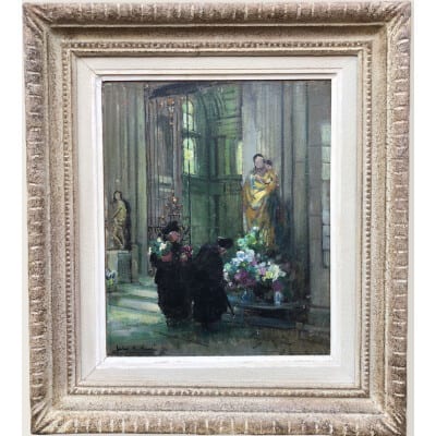 HERVE Jules René Impressionist Painting XXth The bigotes at the church in Langres Oil on panel Signed