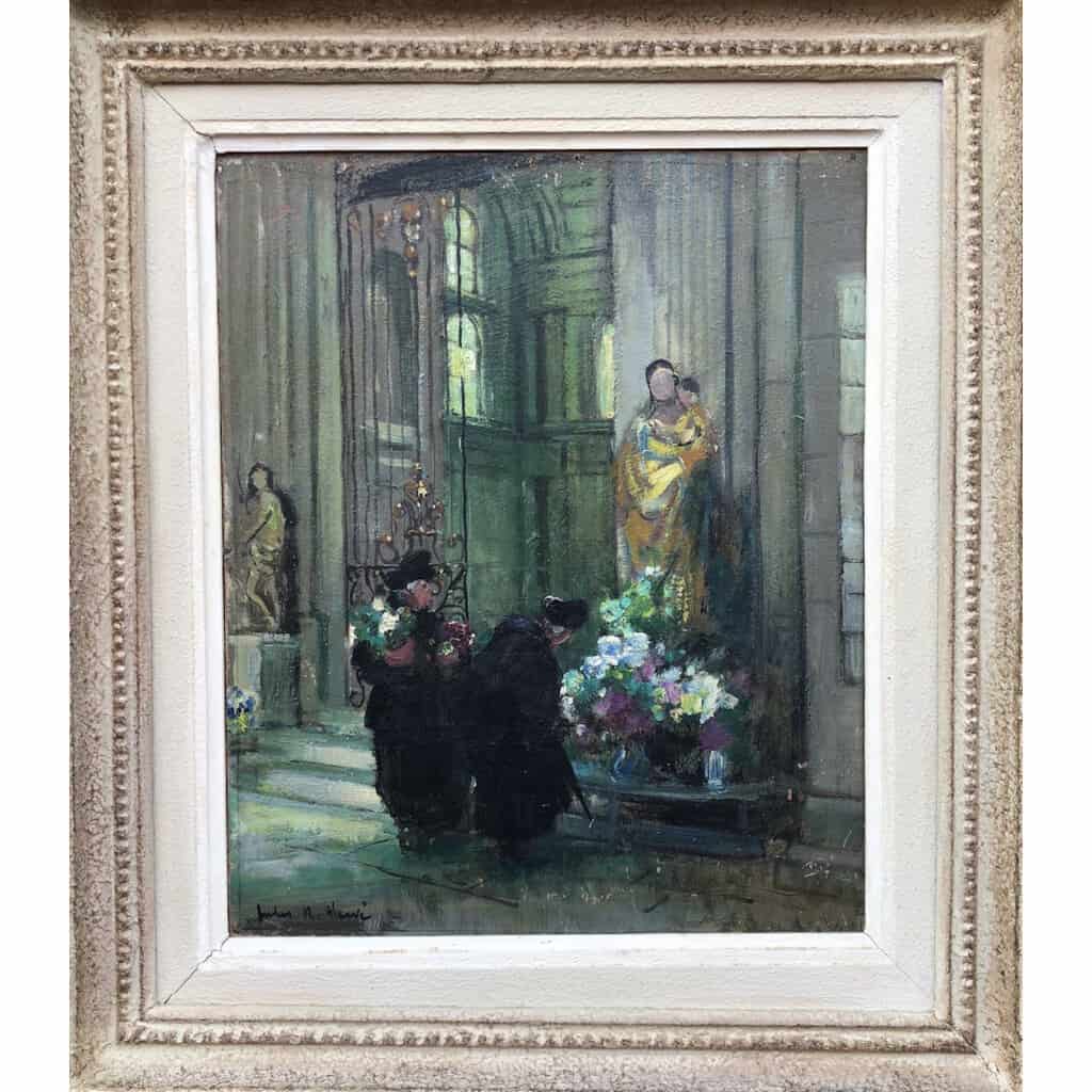 HERVE Jules René Impressionist Painting XXth The bigotes at the church in Langres Oil on panel Signed 9