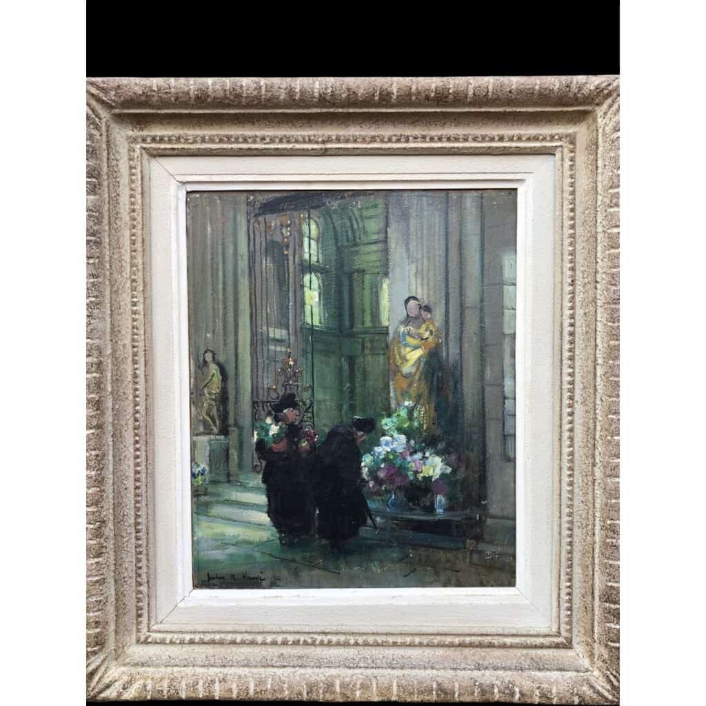 HERVE Jules René Impressionist Painting XXth The bigotes at the church in Langres Oil on panel Signed 8