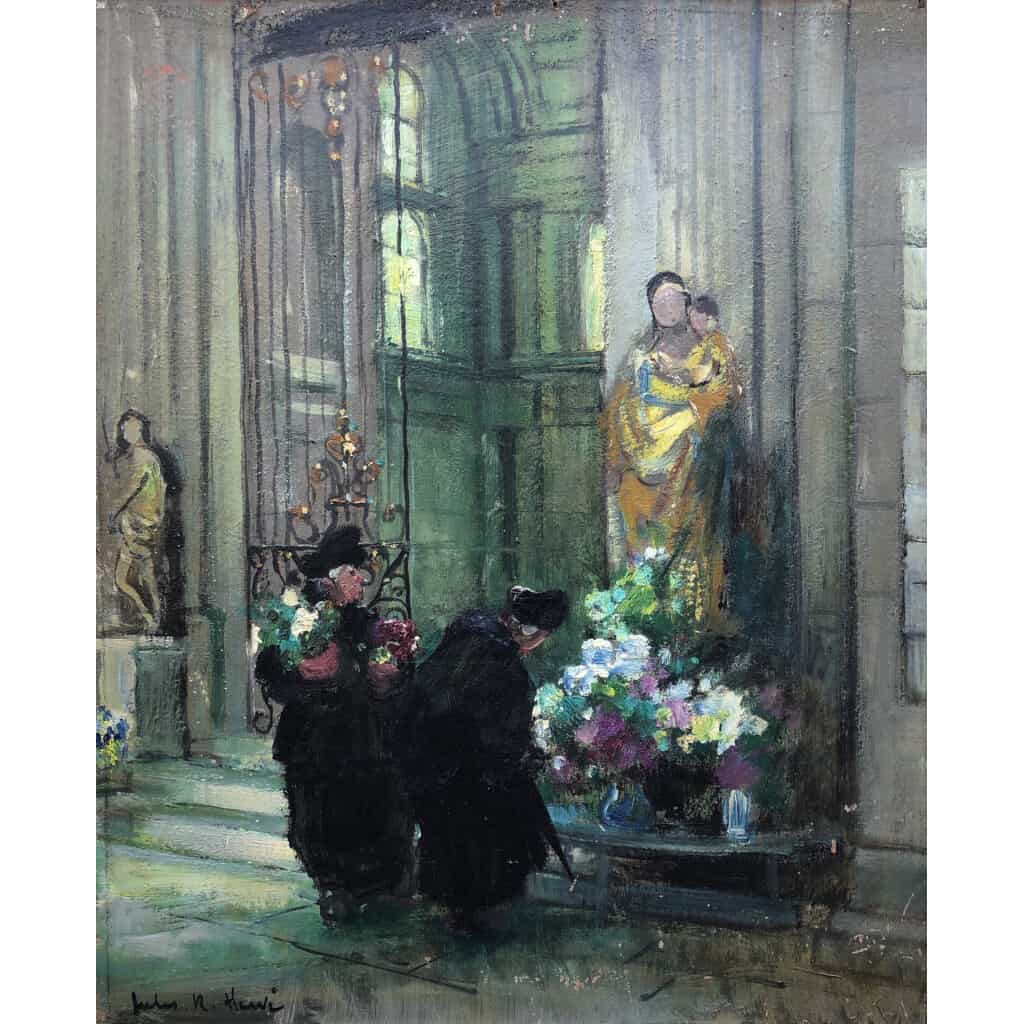 HERVE Jules René Tableau Impressionniste XXè Les bigotes à l’église à Langres Huile sur panneau Signée 7
