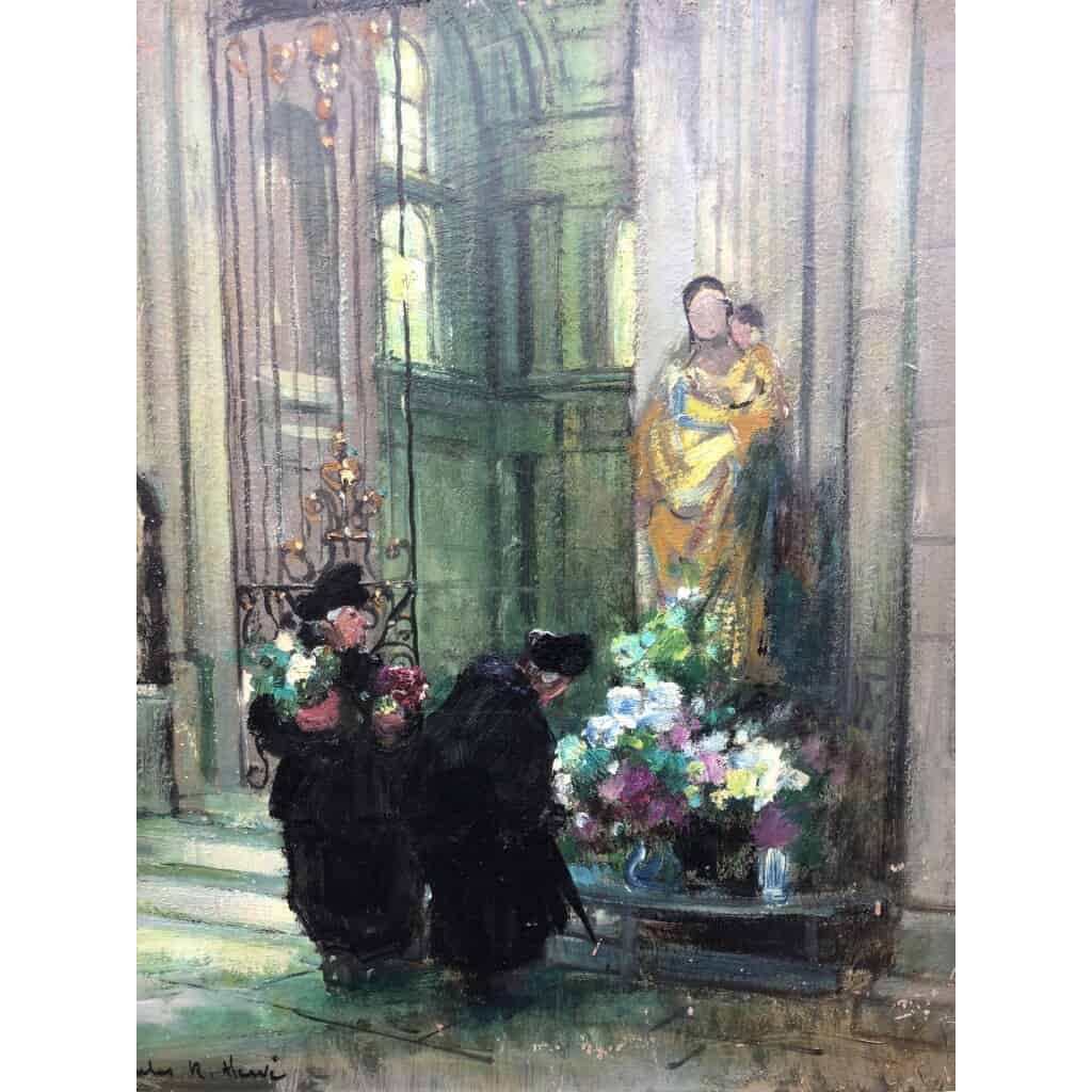 HERVE Jules René Impressionist Painting XXth The bigotes at the church in Langres Oil on panel Signed 6