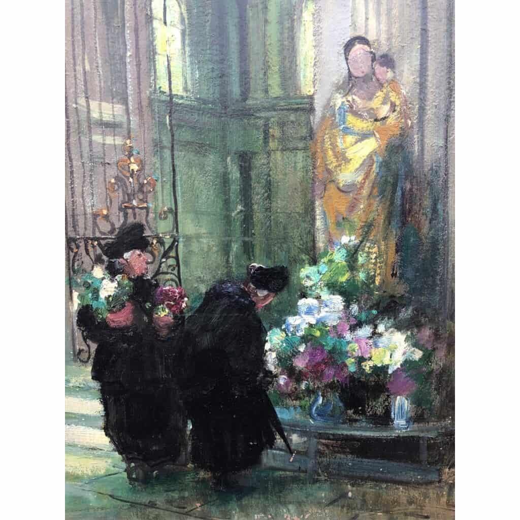 HERVE Jules René Impressionist Painting XXth The bigotes at the church in Langres Oil on panel Signed 5