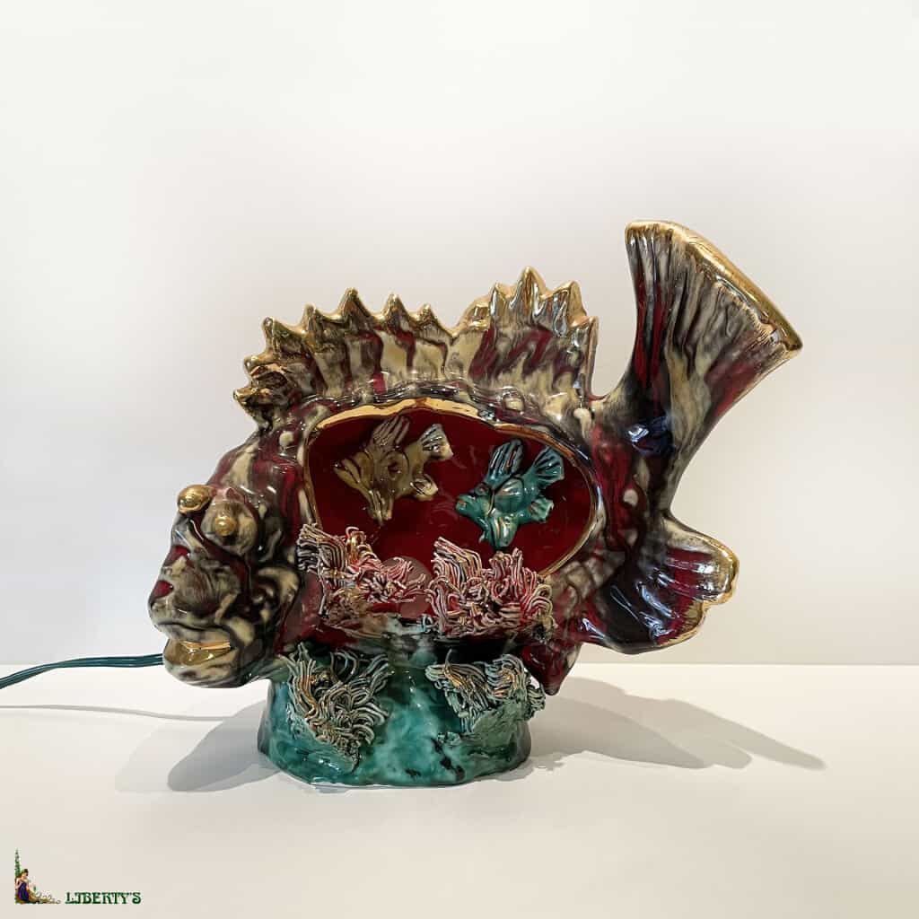 Veilleuse barbotine de Vallauris avec poissons et coquillages, larg. 23 cm x haut. 20 cm (1950-1960) 3