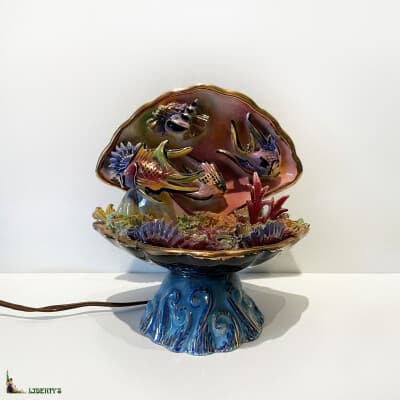 Veilleuse barbotine de Monaco avec poissons et coquillages, larg. 16 cm x haut. 17 cm, (1950-1960) 3