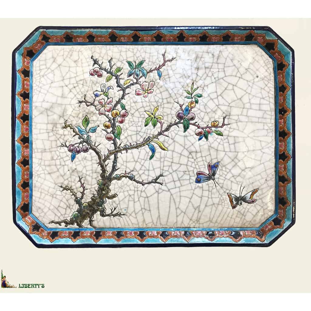 Emaux de Longwy tray with two butterflies and an apple tree, 31 cm x 24 cm 3