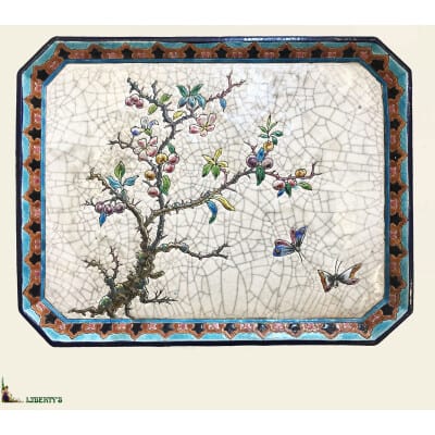 Emaux de Longwy tray with two butterflies and an apple tree, 31 cm x 24 cm