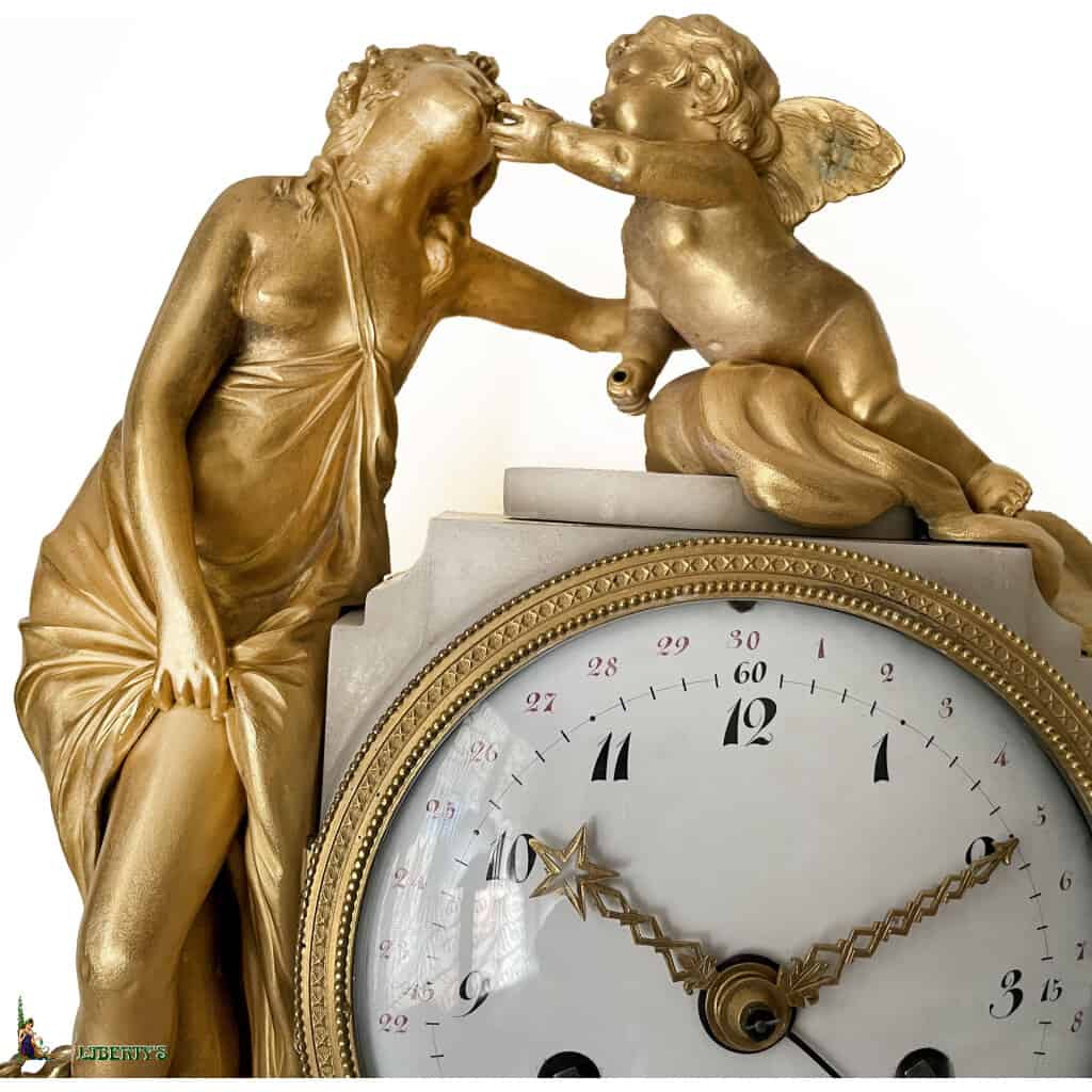 Pendule Louis XVI bronze doré au mercure et marbre noir et blanc Eros et Cupidon signée Cachard succ. de Charles Leroy à Paris, mouvement avec quantième, suspension à fil de soie, aiguilles ajourées, haut. 34.5 cm, (Fin XVIIIe) 4