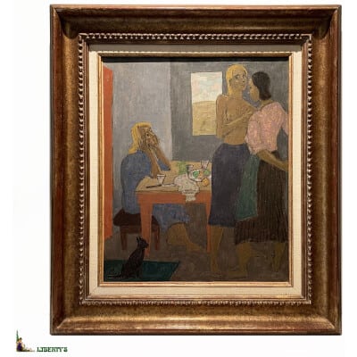 Huile sur toile encadrée « Femmes nues au village » datée et signée Grégoire Michonze (Kichinev 1902-Paris 1982), 46 cm x 38 cm, (1970)