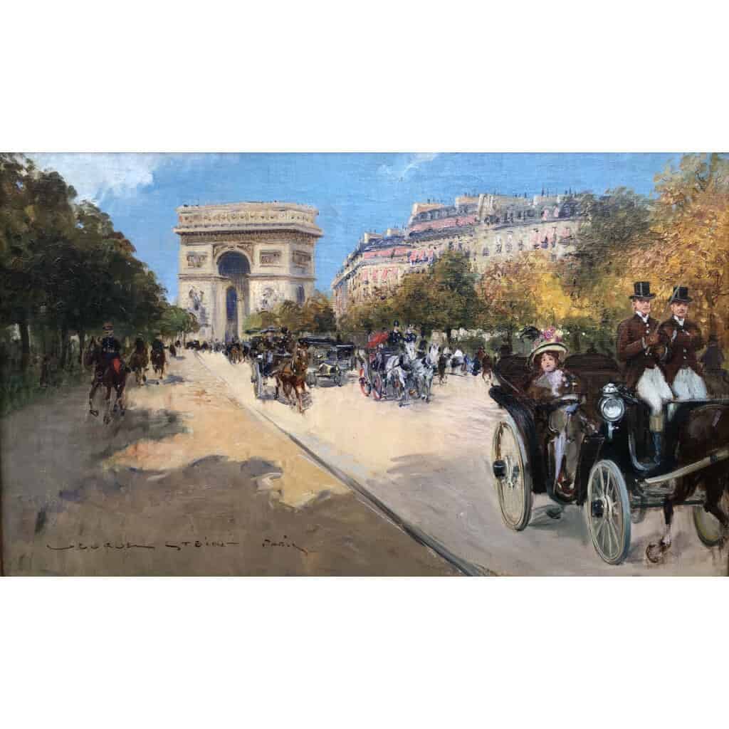 STEIN Georges Paris animation avenue Foch vers l’Arc de Triomphe Huile sur toile signée 11