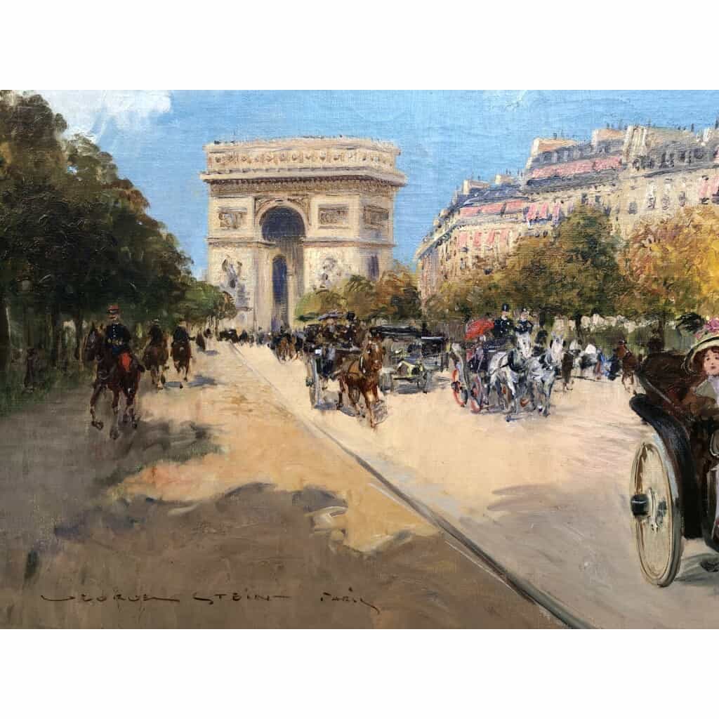 STEIN Georges Paris animation avenue Foch vers l’Arc de Triomphe Huile sur toile signée 10