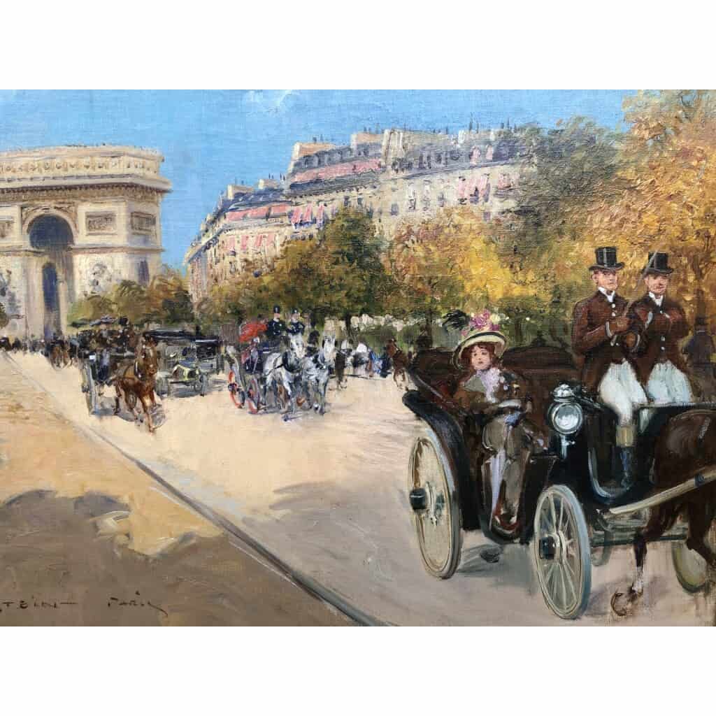 STEIN Georges Paris animation avenue Foch vers l’Arc de Triomphe Huile sur toile signée 9
