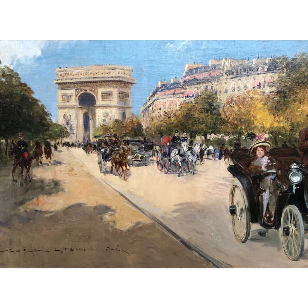 STEIN Georges Paris animation avenue Foch vers l’Arc de Triomphe Huile sur toile signée 8