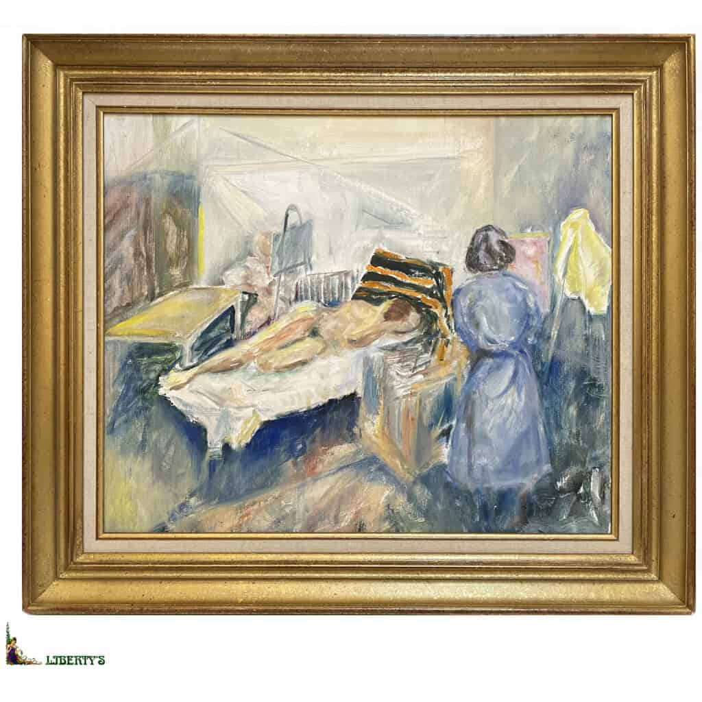 Oil on canvas framed "Naked in her bed" signed Ch. Beroux (1931-2019), 22 cm x 16 cm, (1980-1990) 3