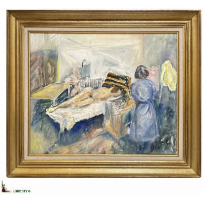 Huile sur toile encadrée « Nu dans son lit » signée Ch. Beroux (1931-2019), 22 cm x 16 cm, (1980-1990)