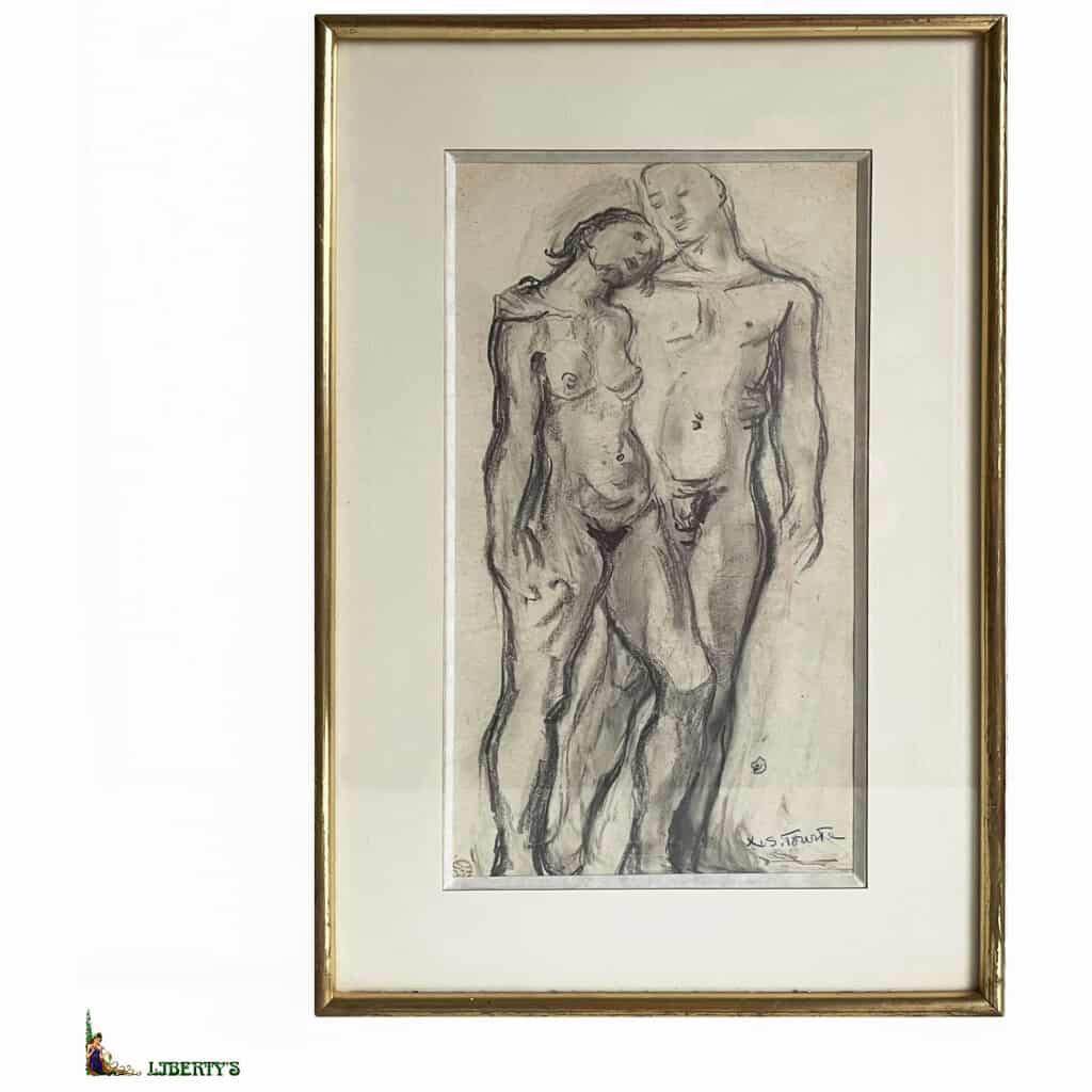 Dessin encadré « Couple » signé Suzanne Tourte (1904 – 1979), 18 cm x 32 cm, (Mi XXe) 3