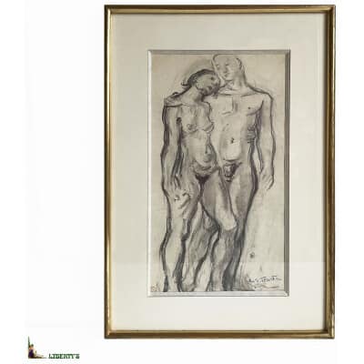 Dessin encadré « Couple » signé Suzanne Tourte (1904 – 1979), 18 cm x 32 cm, (Mi XXe)