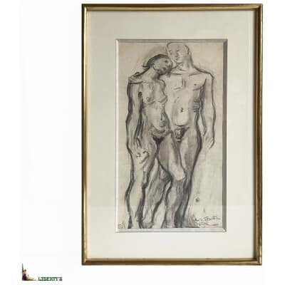 Dessin encadré « Couple » signé Suzanne Tourte (1904 – 1979), 18 cm x 32 cm, (Mi XXe) 3